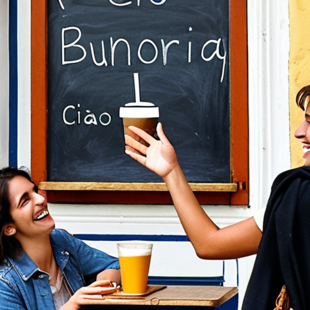**

A lively Italian cafe scene. Friends laughing and chatting over coffee. One person is warmly saying "Ciao" while waving goodbye to another friend leaving the cafe. The atmosphere is friendly and relaxed, reflecting the casual use of "Ciao." In the background, a chalkboard with the words "Buongiorno," "Buonasera," and "Salve" faintly written.

**