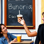 **

A lively Italian cafe scene. Friends laughing and chatting over coffee. One person is warmly saying "Ciao" while waving goodbye to another friend leaving the cafe. The atmosphere is friendly and relaxed, reflecting the casual use of "Ciao." In the background, a chalkboard with the words "Buongiorno," "Buonasera," and "Salve" faintly written.

**