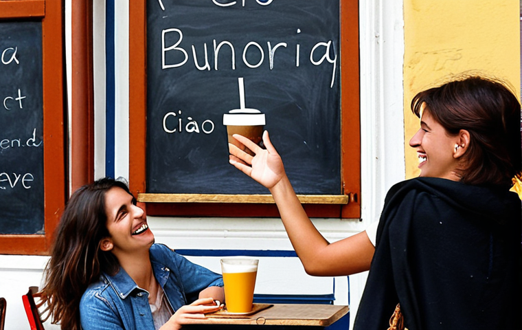 **
A lively Italian cafe scene. Friends laughing and chatting over coffee. One person is warmly saying "Ciao" while waving goodbye to another friend leaving the cafe. The atmosphere is friendly and relaxed, reflecting the casual use of "Ciao." In the background, a chalkboard with the words "Buongiorno," "Buonasera," and "Salve" faintly written.
**