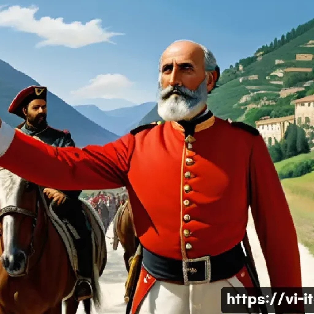 이탈리아 왕국의 성립 - **Prompt:** A vibrant historical painting depicting Giuseppe Garibaldi, the "Hero of Two Worlds," le...