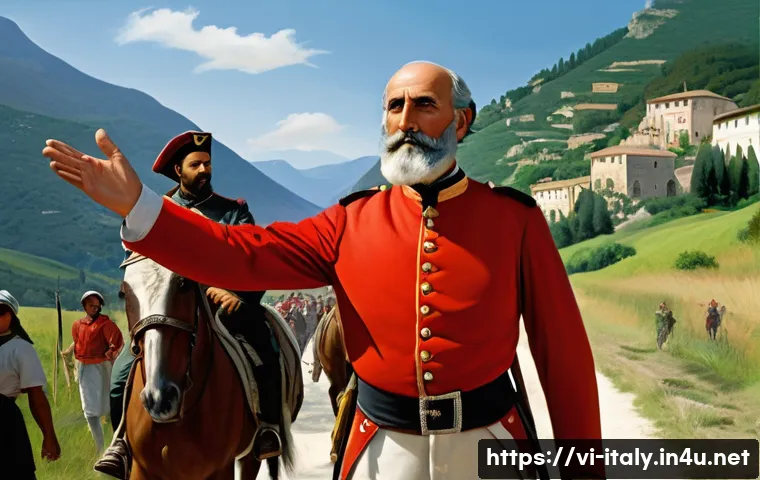 이탈리아 왕국의 성립 - **Prompt:** A vibrant historical painting depicting Giuseppe Garibaldi, the "Hero of Two Worlds," le...