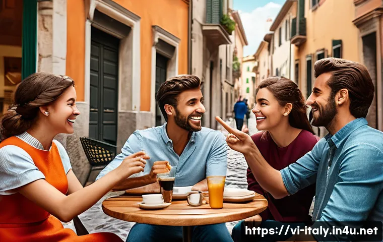 이탈리아와 한국인의 성격 비교 - A vibrant street scene in Italy featuring a group of expressive Italian people engaged in lively con...