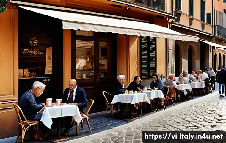 이탈리아의 커피 문화 - A bustling Italian street café scene in Milan during a sunny morning, featuring locals standing at t...
