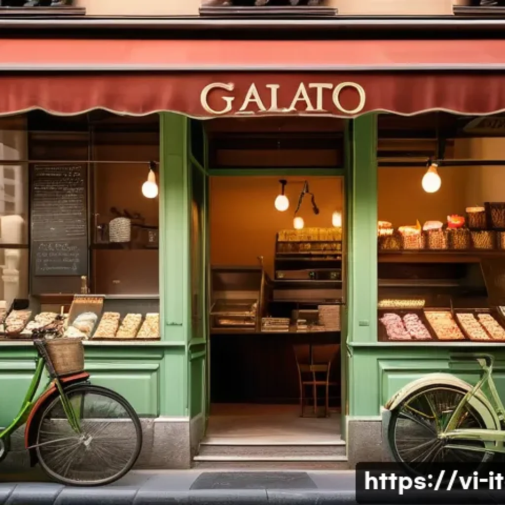 이탈리아 젤라또 맛집 추천 - A vibrant street scene in Milan, Italy, showcasing a traditional gelato shop with artisanal gelato d...