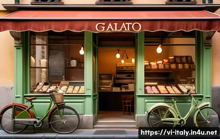 이탈리아 젤라또 맛집 추천 - A vibrant street scene in Milan, Italy, showcasing a traditional gelato shop with artisanal gelato d...