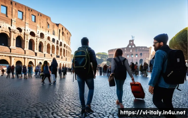 이탈리아 치안 정보 및 안전 수칙 - A bustling city square in Rome during daytime, crowded with tourists and locals near the Colosseum. ...