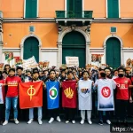 Home 21 이탈리아에서의 시위 문화 - A vibrant street protest scene in Milan, Italy, featuring a diverse crowd of men and women of variou...