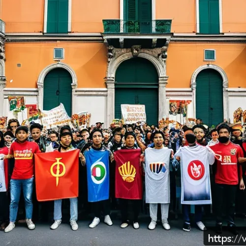 Home 33 이탈리아에서의 시위 문화 - A vibrant street protest scene in Milan, Italy, featuring a diverse crowd of men and women of variou...