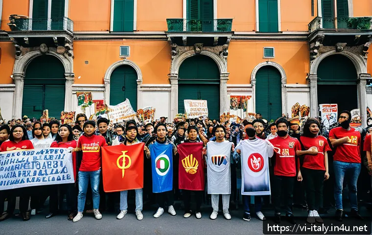 이탈리아에서의 시위 문화 - A vibrant street protest scene in Milan, Italy, featuring a diverse crowd of men and women of variou...
