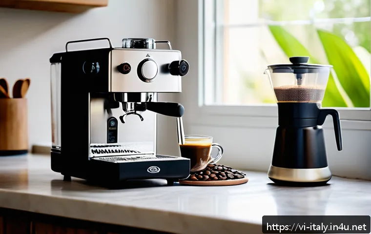 이탈리아 에스프레소 마시는 법 - A cozy Vietnamese home kitchen scene featuring a manual espresso machine surrounded by coffee access...