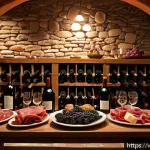 Home 18 이탈리아 와인 종류 및 추천 - A cozy Italian wine cellar scene showcasing a wooden wine rack filled with bottles of famous Italian...