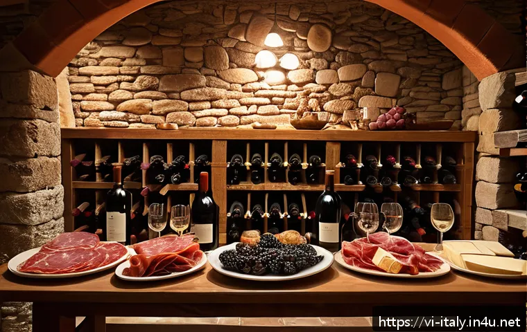 이탈리아 와인 종류 및 추천 - A cozy Italian wine cellar scene showcasing a wooden wine rack filled with bottles of famous Italian...
