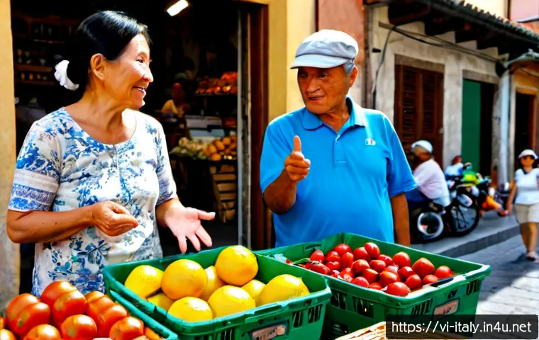 Home 17 이탈리아어 사투리 특징 - Photorealistic candid scene in a sunlit southern Italian town market, two expressive local vendors f...