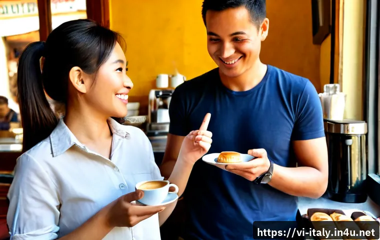 Home 17 이탈리아에서 영어 통하는 정도 - Photorealistic travel scene in a welcoming Italian café, a Vietnamese female tourist in modest casua...