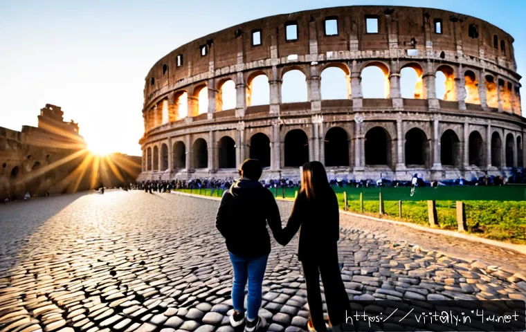 이탈리아 도시별 관광 명소 - Photorealistic sunrise in Rome, Italy, the Colosseum glowing in warm golden light beside a quiet cob...