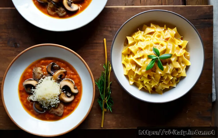 이탈리아 지역별 요리 특색 - Photorealistic overhead food scene comparing northern Italian cuisine: a rustic wooden table with cr...