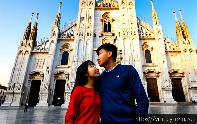 Home 17 밀라노 두오모 성당 투어 - Photorealistic travel scene of Milan Cathedral exterior at sunrise, a Vietnamese family of three wit...