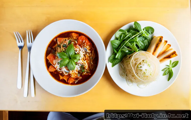 이탈리아와 한국 음식 비교 - Photorealistic overhead comparison of two elegant home-style meal settings on a light wooden table: ...